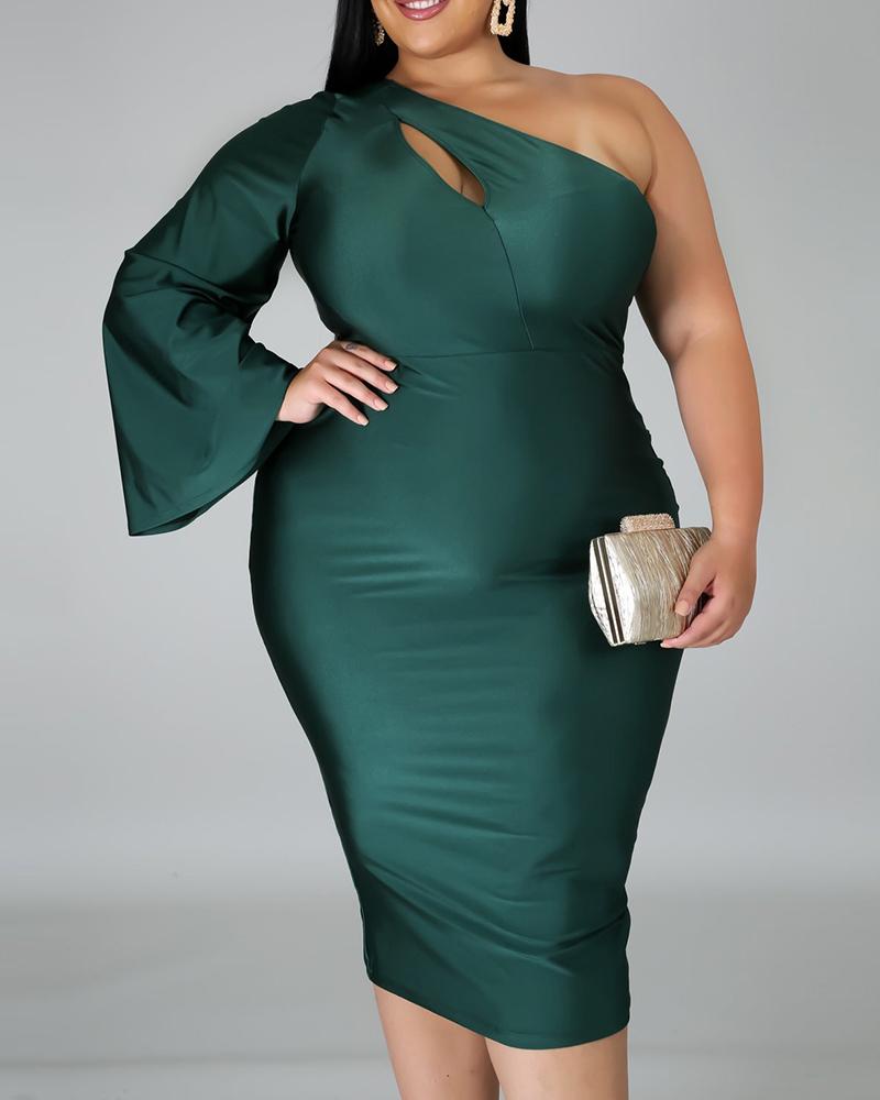 

One Shoulder Cutout Bell Sleeve Party Women Dress, Dark green