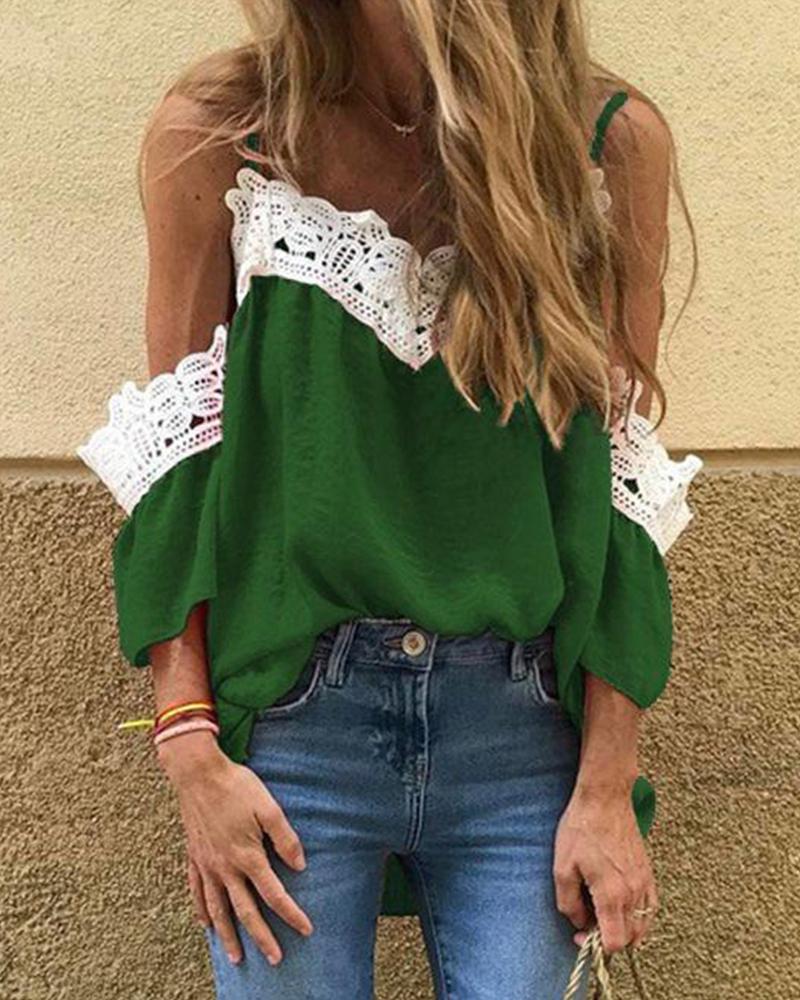 

V-Neck Lace Trim Top, Green