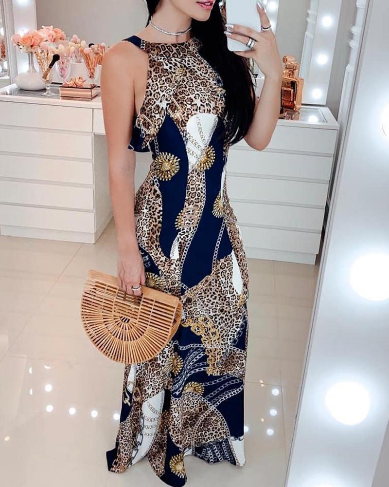 

Leopard Print O Neck Sleeveless Maxi Dress, Purplish blue
