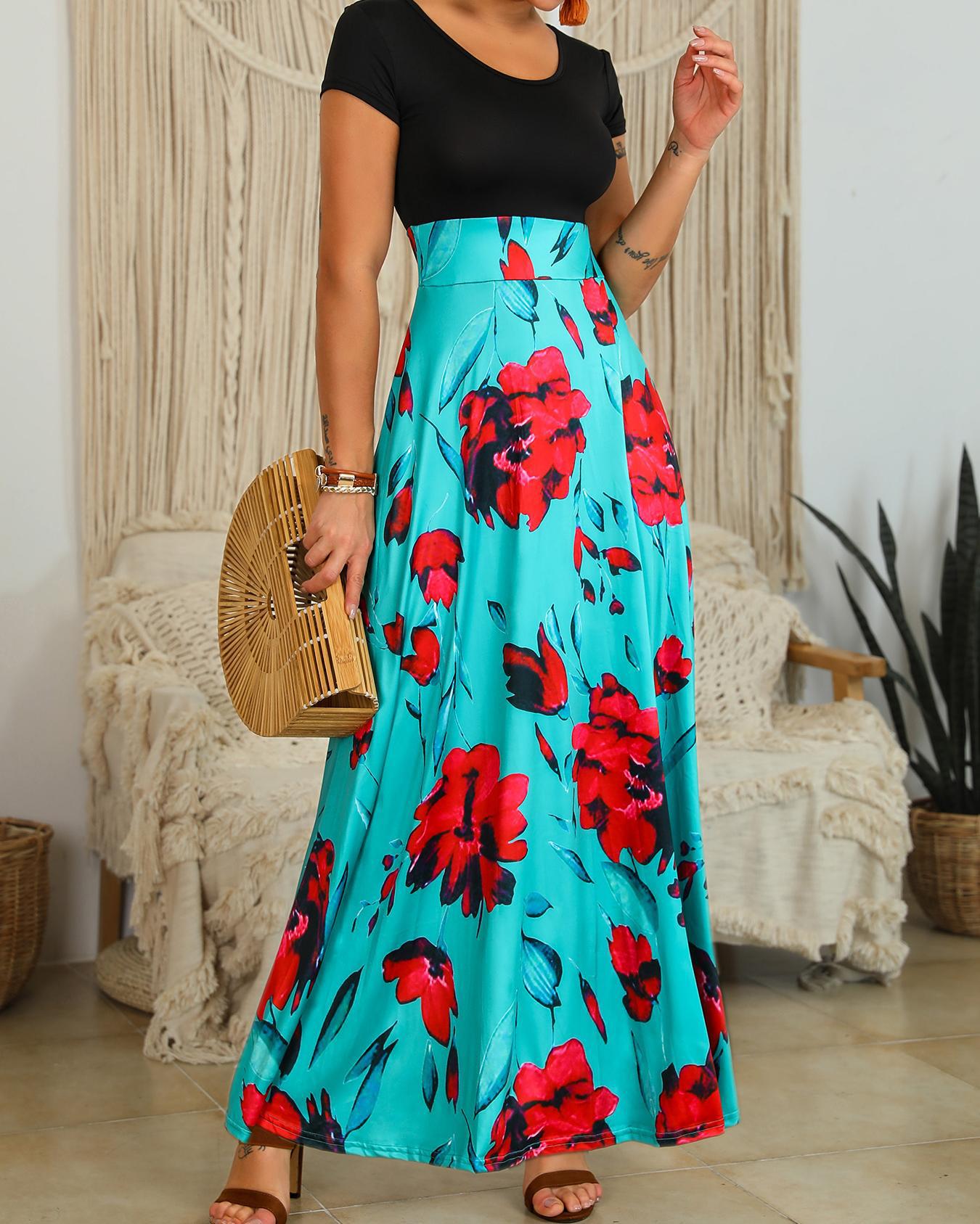 

Floral Print Short Sleeve Maxi Dress, Green