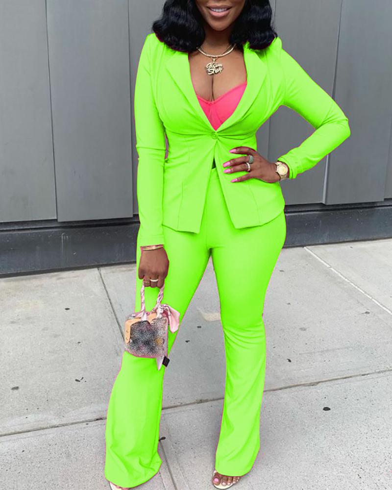 

Solid Notched Collar Buttoned Blazer & Pants Sets, Green