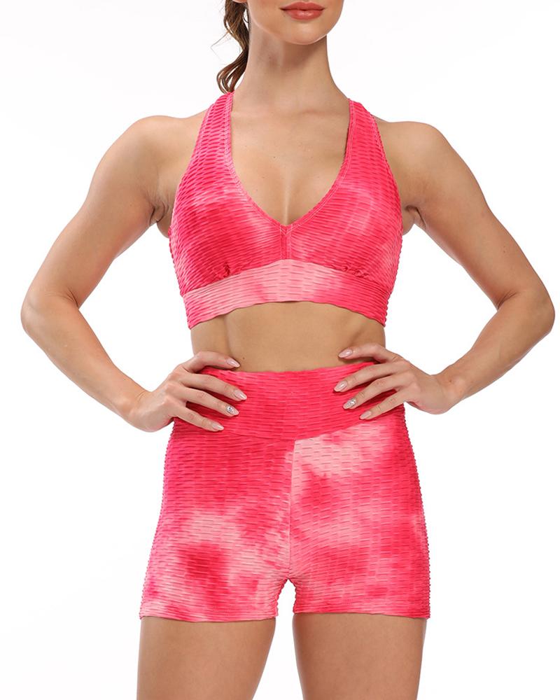 

Tie Dye Print Sports Bras Textured Middle Impact Support Yoga Crop Tops, Red