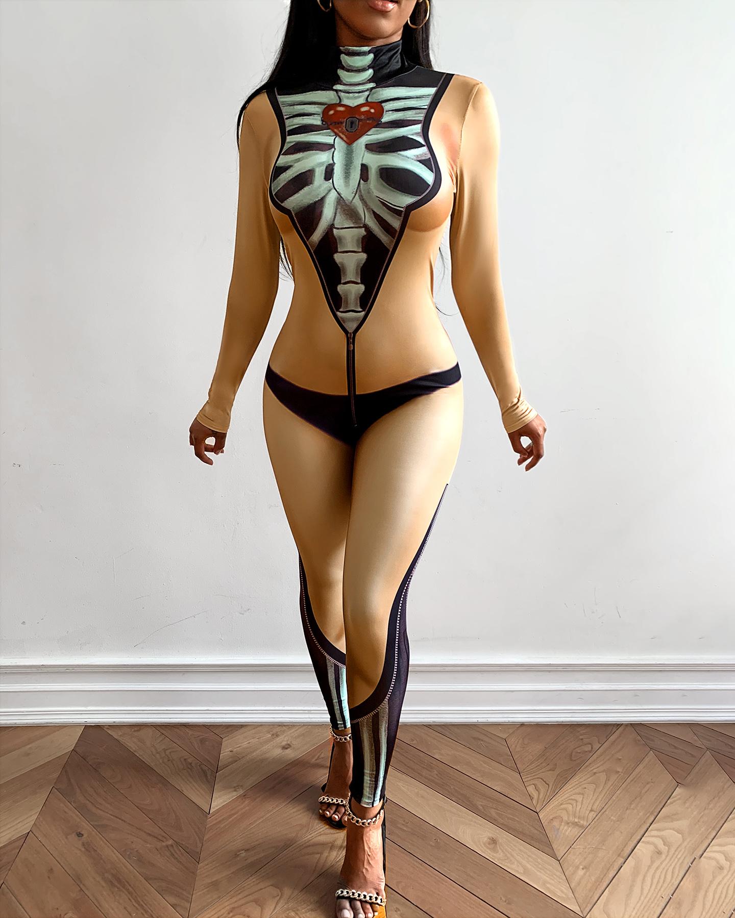 

Skull Skeleton Print Zip Back Halloween Costume Jumpsuit, Style8