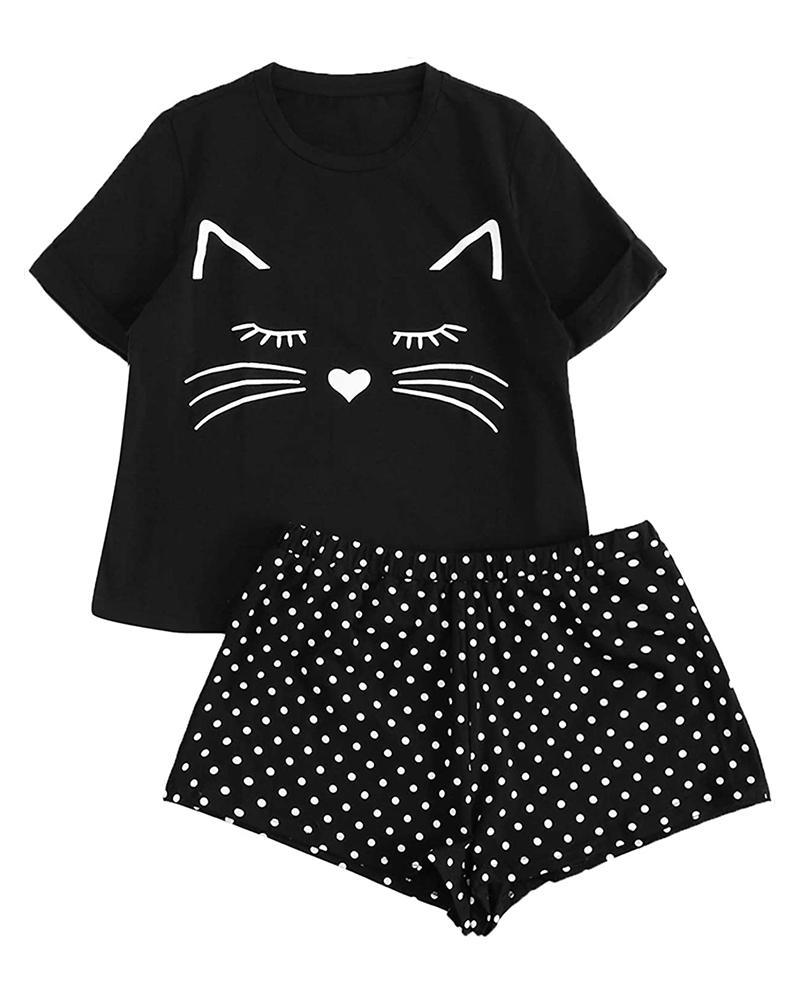 

Print Short Sleeve Pajamas Set, Black