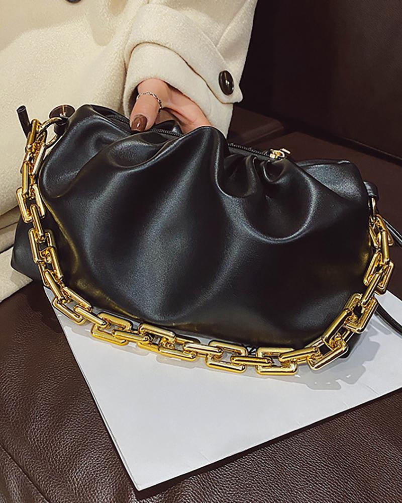 

Chain Handle Ruched Satchel Bag, Black