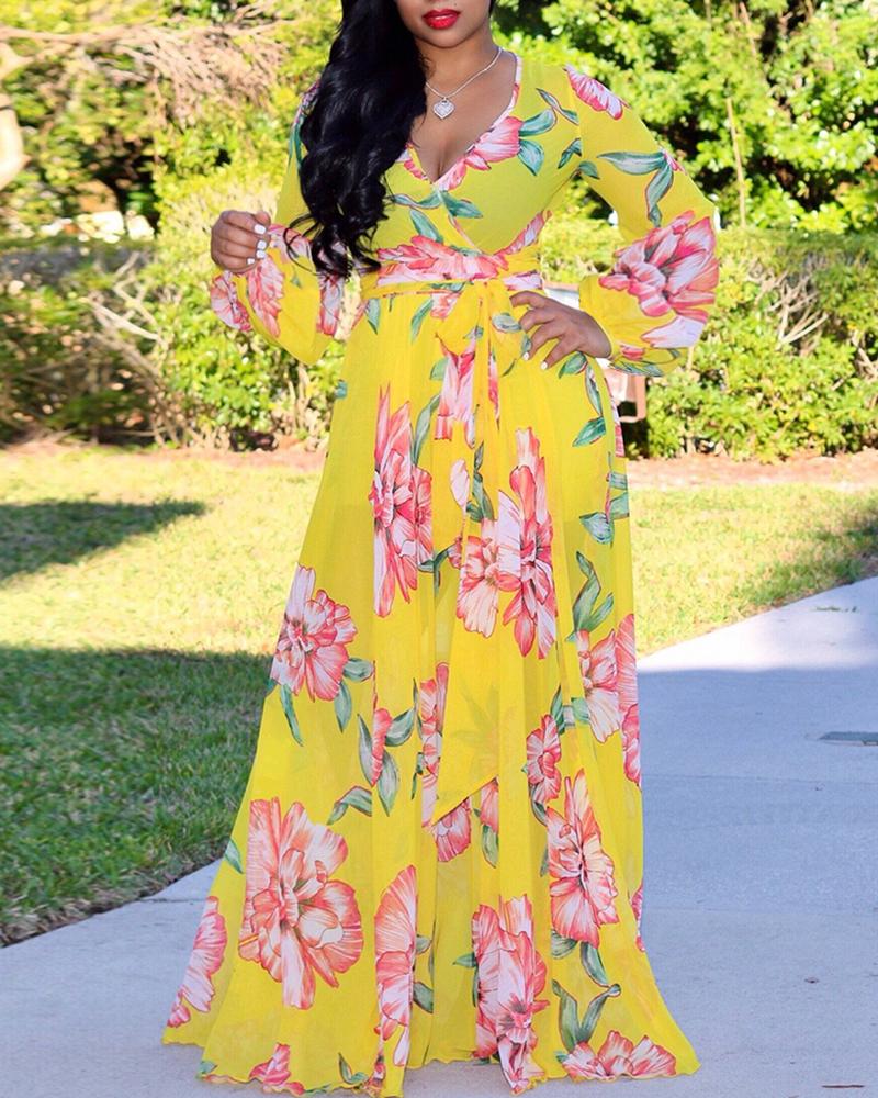 

Tropical Print Deep V Belted Warp Maxi Women Dress, Yellow