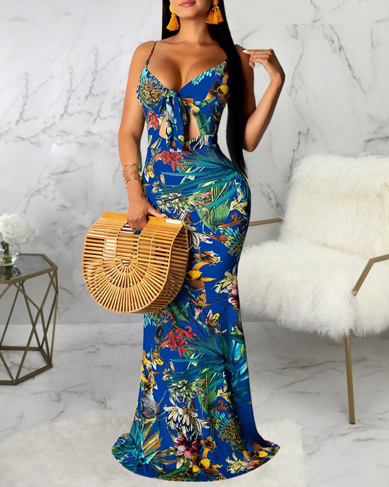 

Tropical Print Tie Front Cutout Dress, Dark blue