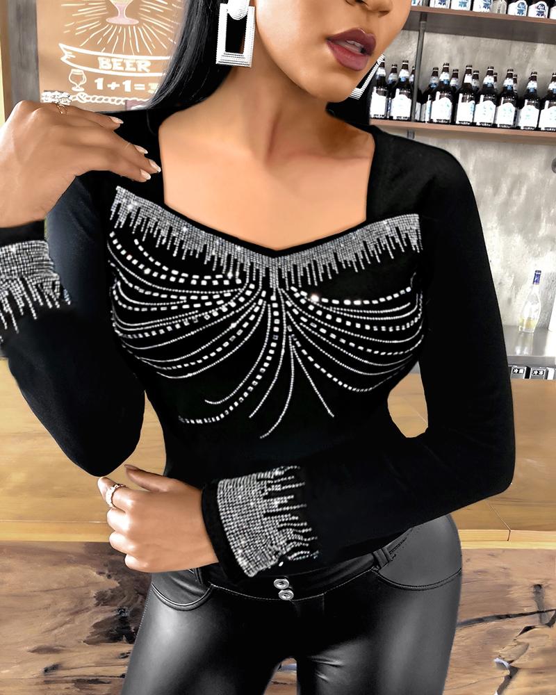

Studded Gillter Long Sleeve Skinny Blouse, Black
