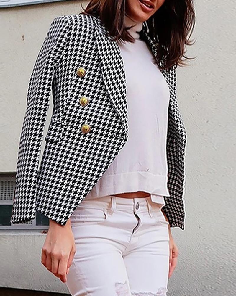 

Houndstooth / Solid Button Design Blazer Coat, Black&white