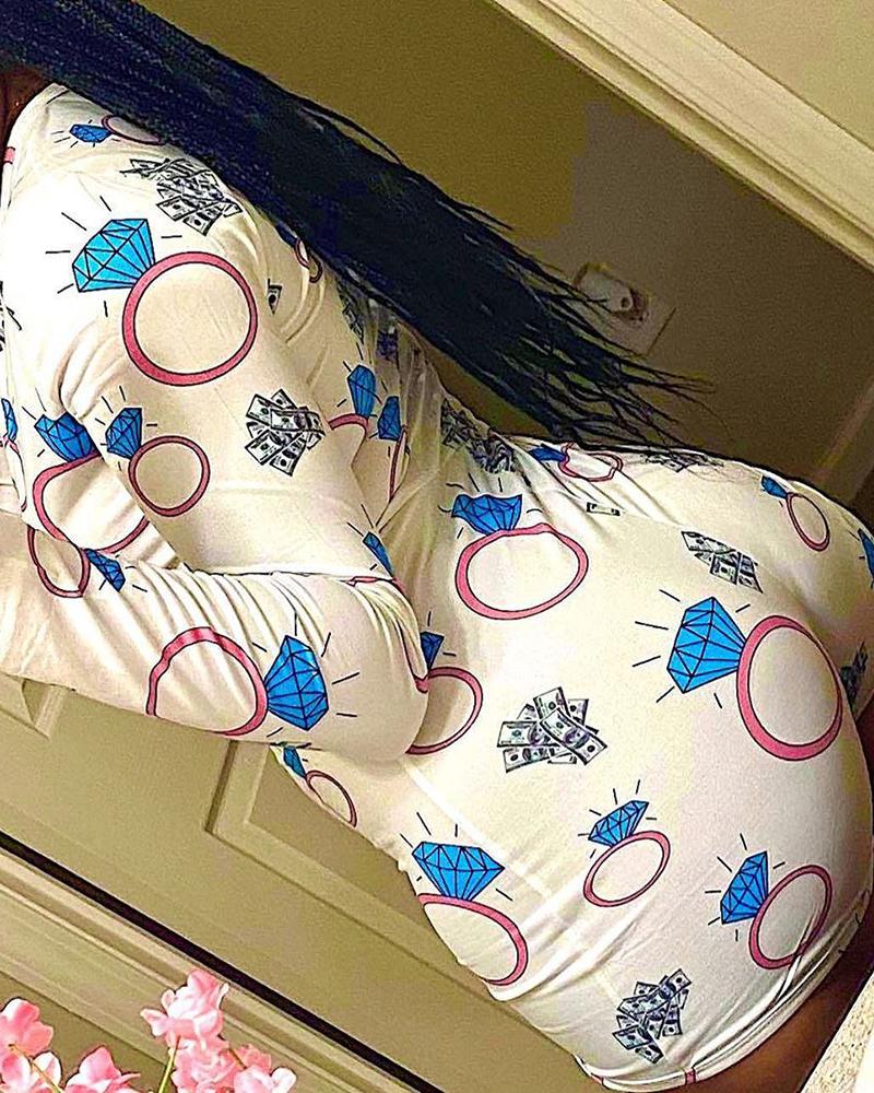 

Cartoon Print Long Sleeve Romper, Style2