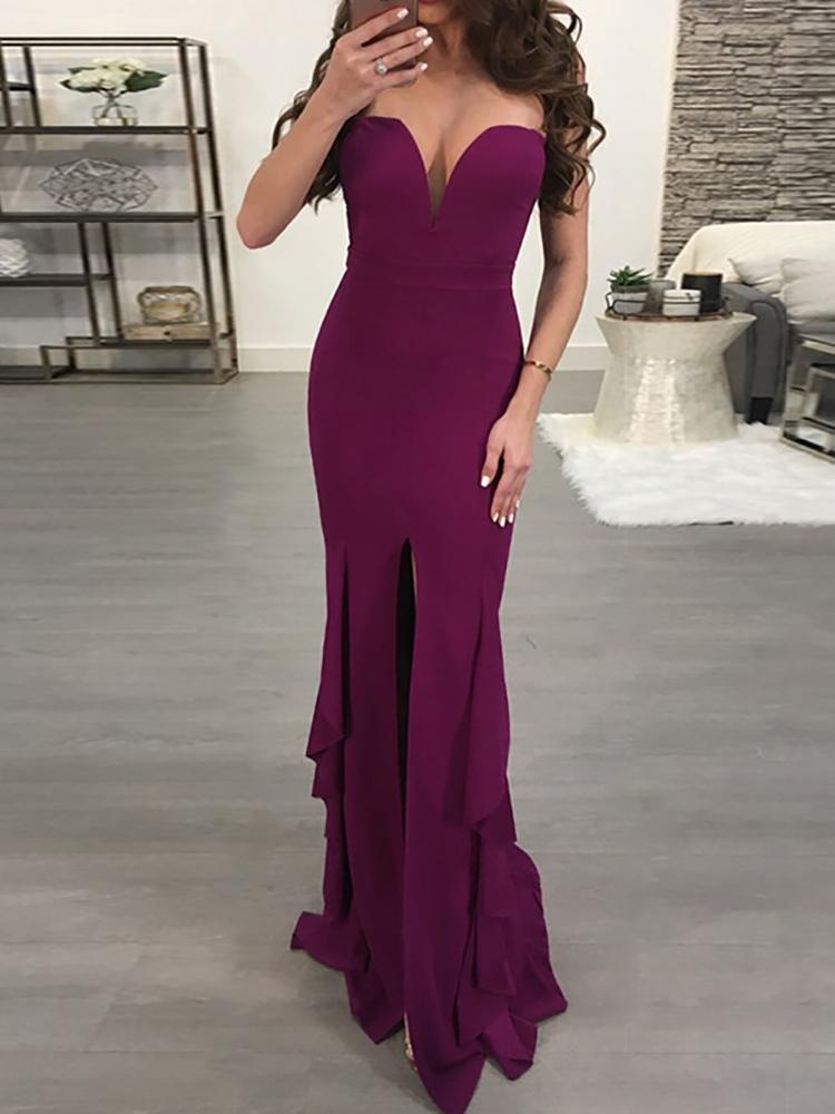 

Sweetheart Solid High Slit Ruffled Maxi Dress, Purple