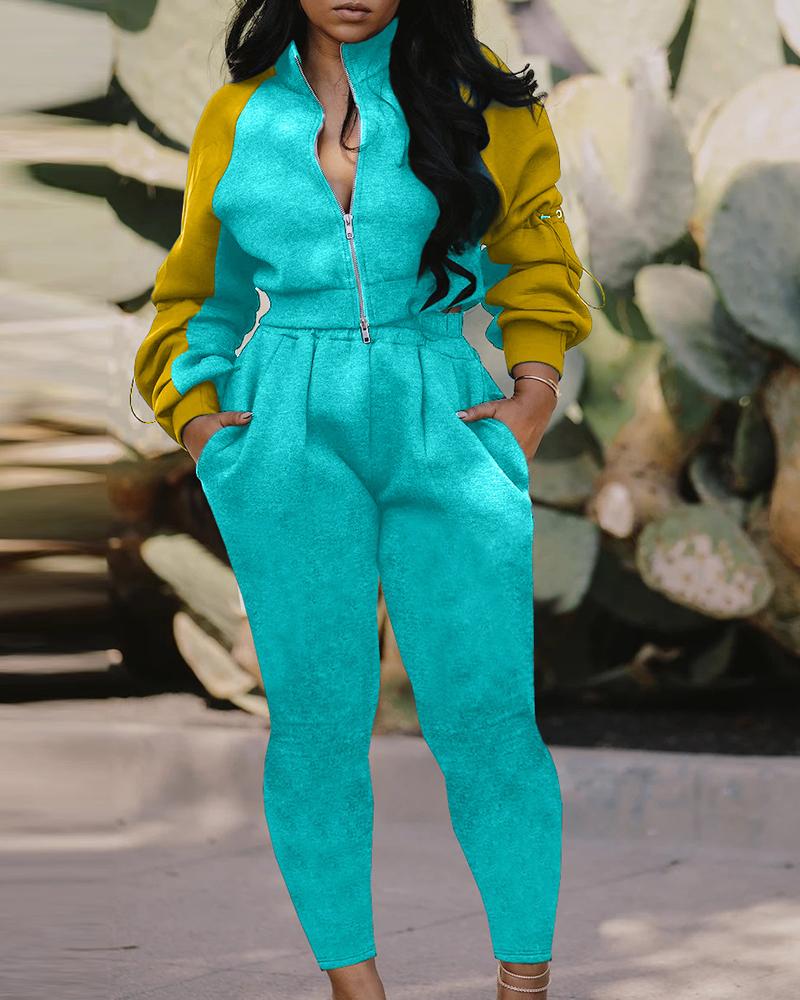 

Colorblock Zipper Design Lantern Sleeve Top & Ruched Pants Set, Blue