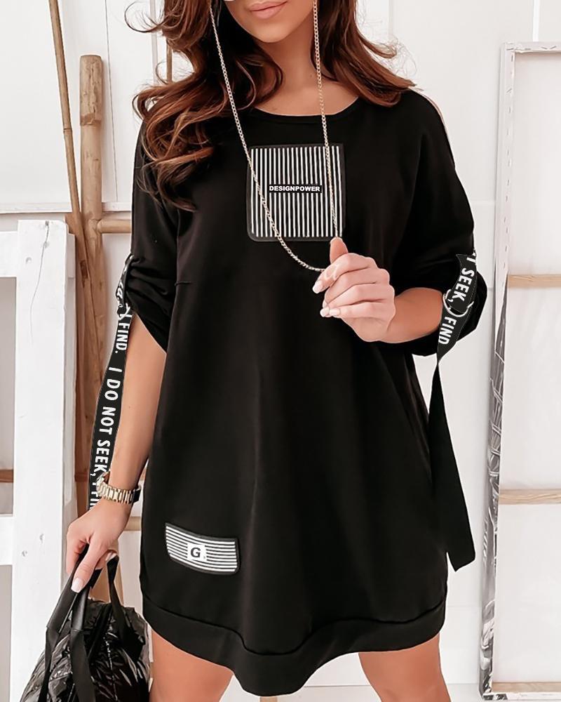

Graphic Print Cold Shoulder Letter Tape Casual Dress, Black