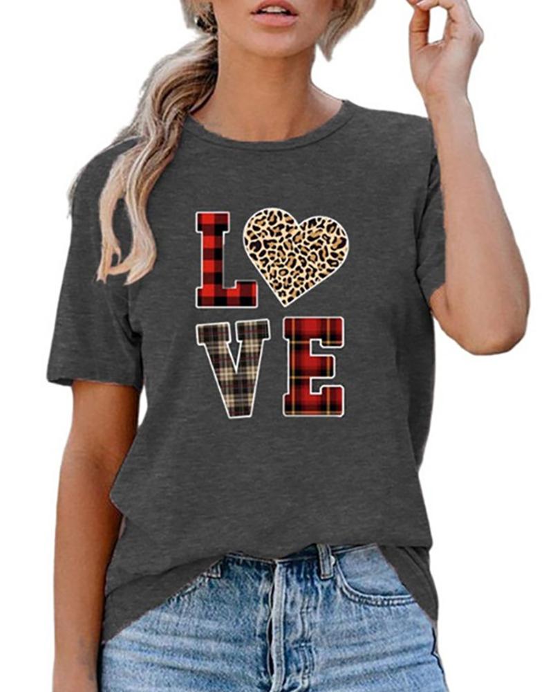 

Letter Heart Print Short Sleeve Round Neck T-shirt, Style2