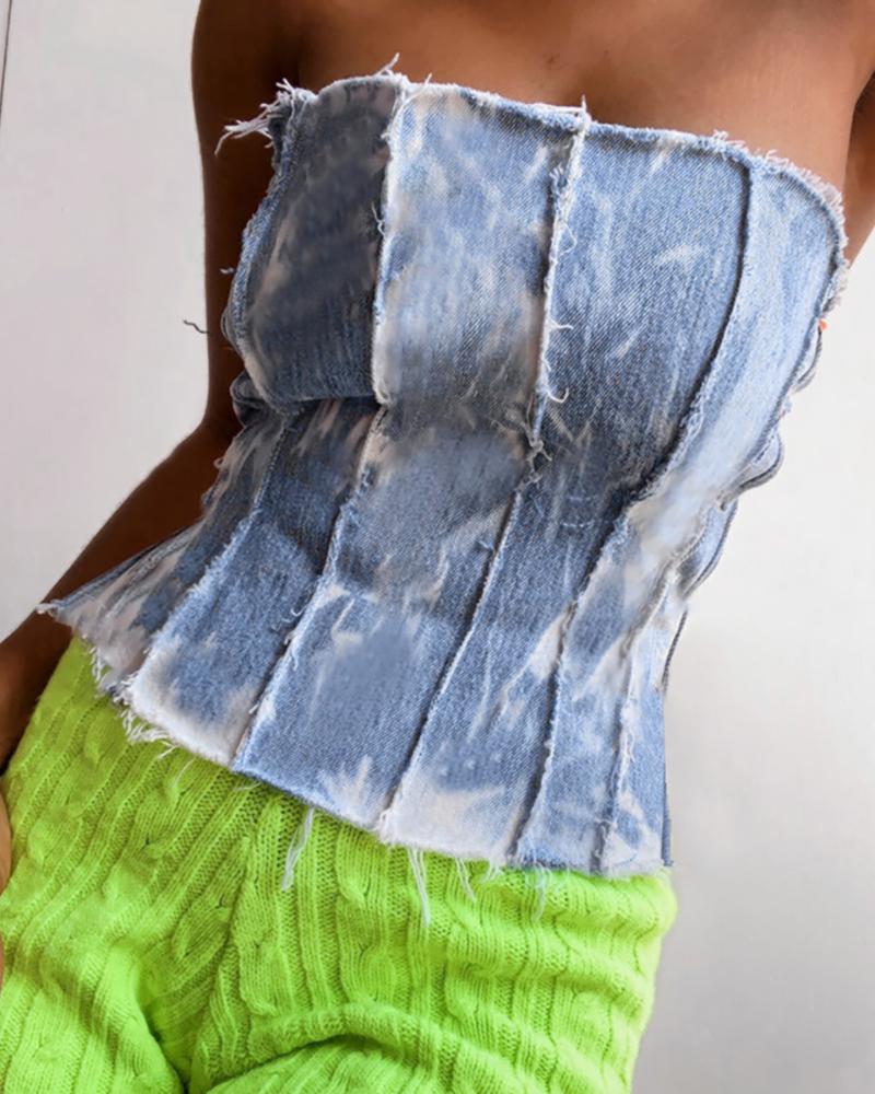 

Bandeau Eyelet Lace-up Denim Top, Blue