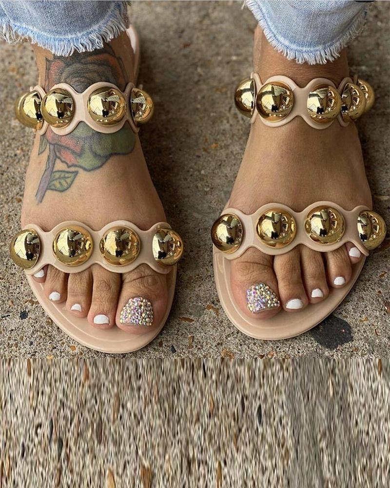 

Metal Embellished Double Strap Slides, Gold