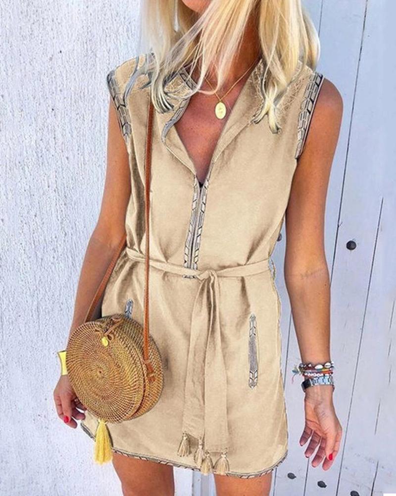 

Tassel Design Plunge Colorblock Sleeveless Dress, Khaki