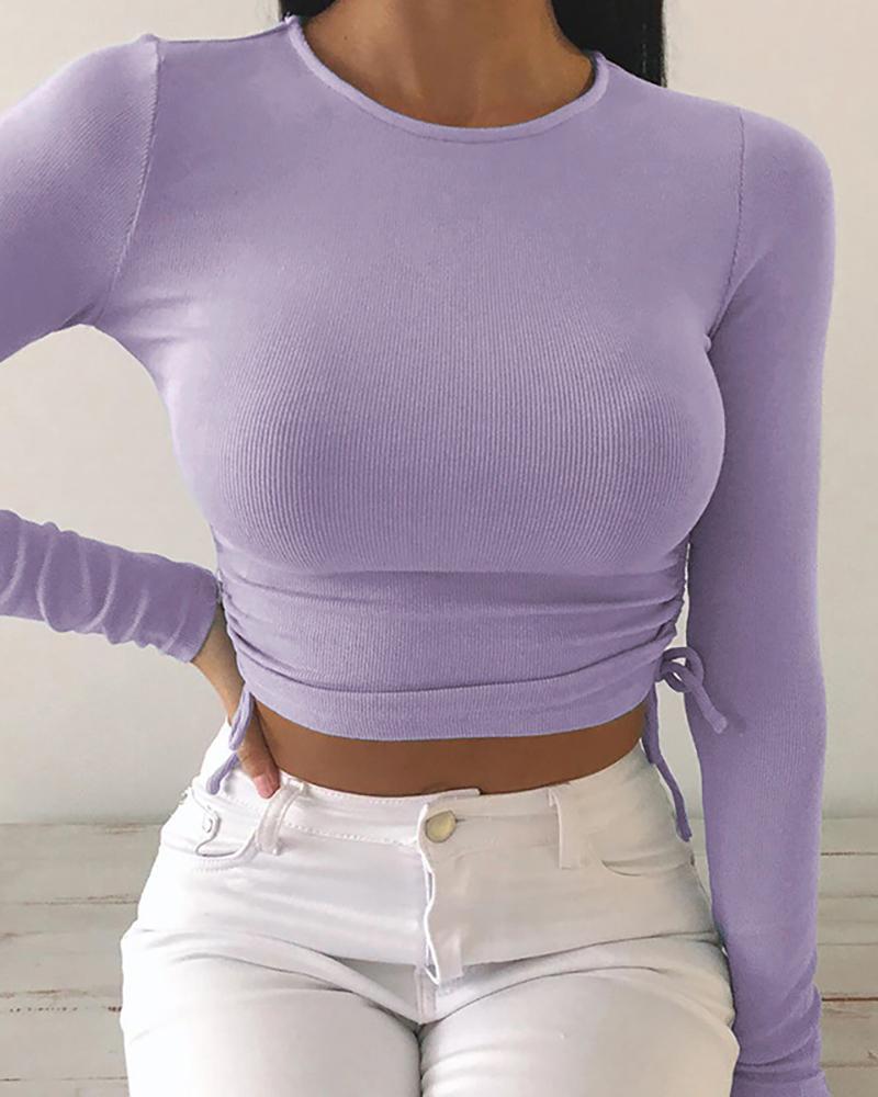 

Drawstring Ruched Solid Crop Top, Purple