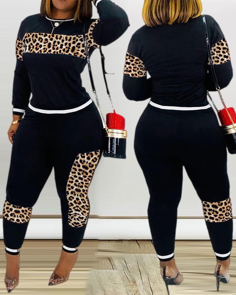 

Cheetah Print Long Sleeve Top & Fitted Pants Set, Black