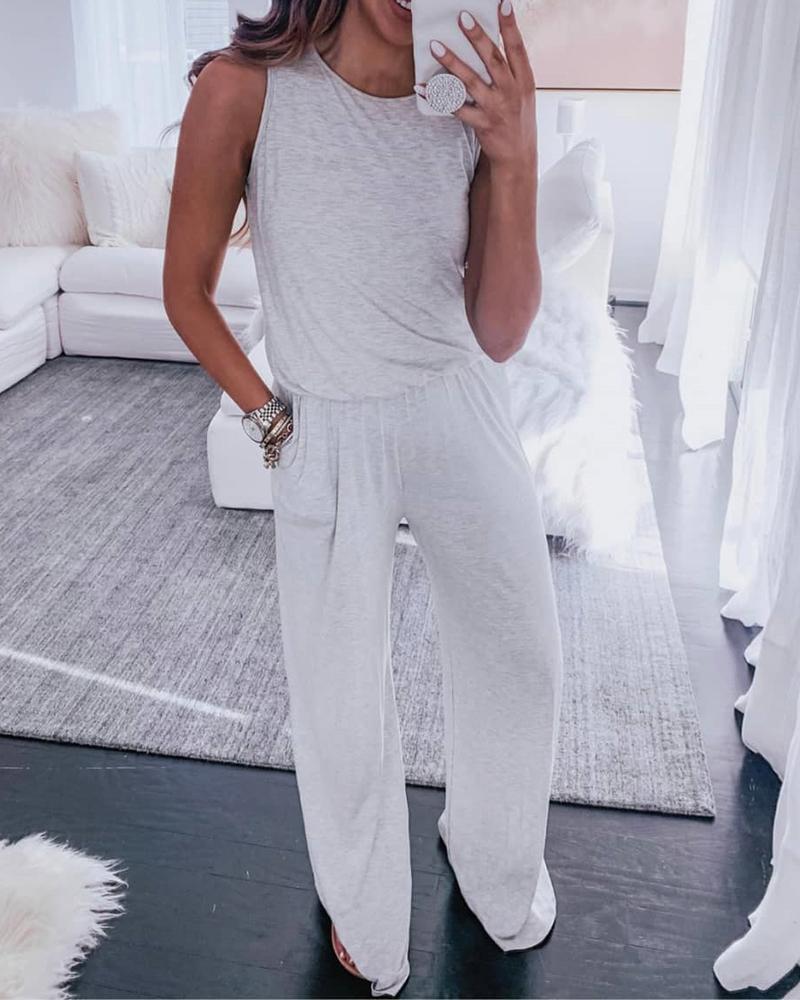 

Pocket Design Sleeveless Solid Jumpsuit, Light gray