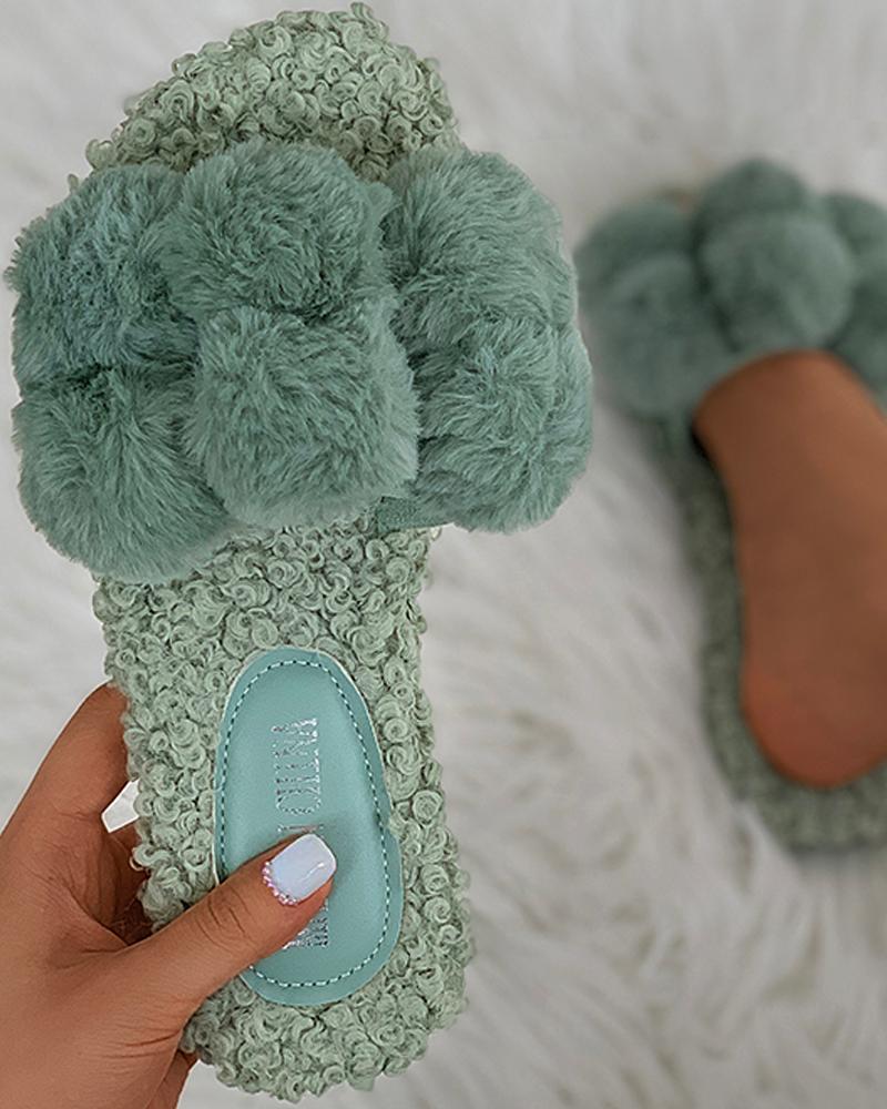 

Plain / Colorblock Pom Pom Fluffy Slippers, Green