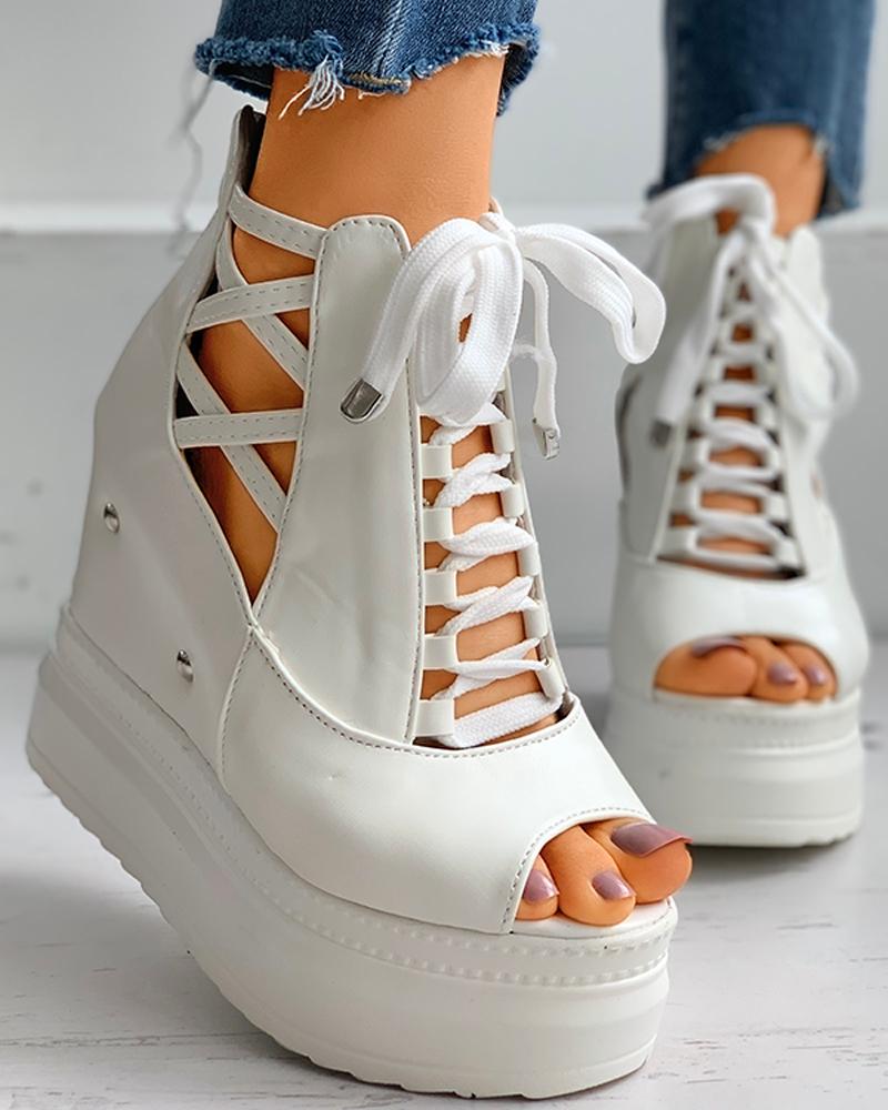 

Peep Toe Lace Up Platform Wedges, White