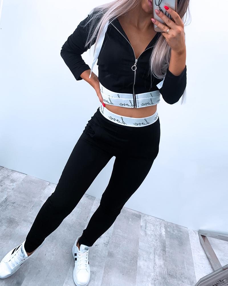 

Letter Print Hooded Top & Pants Set, Black