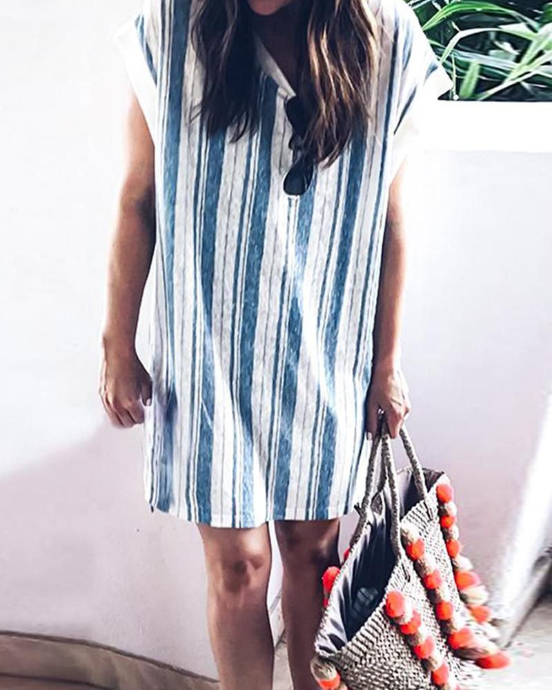 

Short Sleeve Striped Print Loose Dress, Blue
