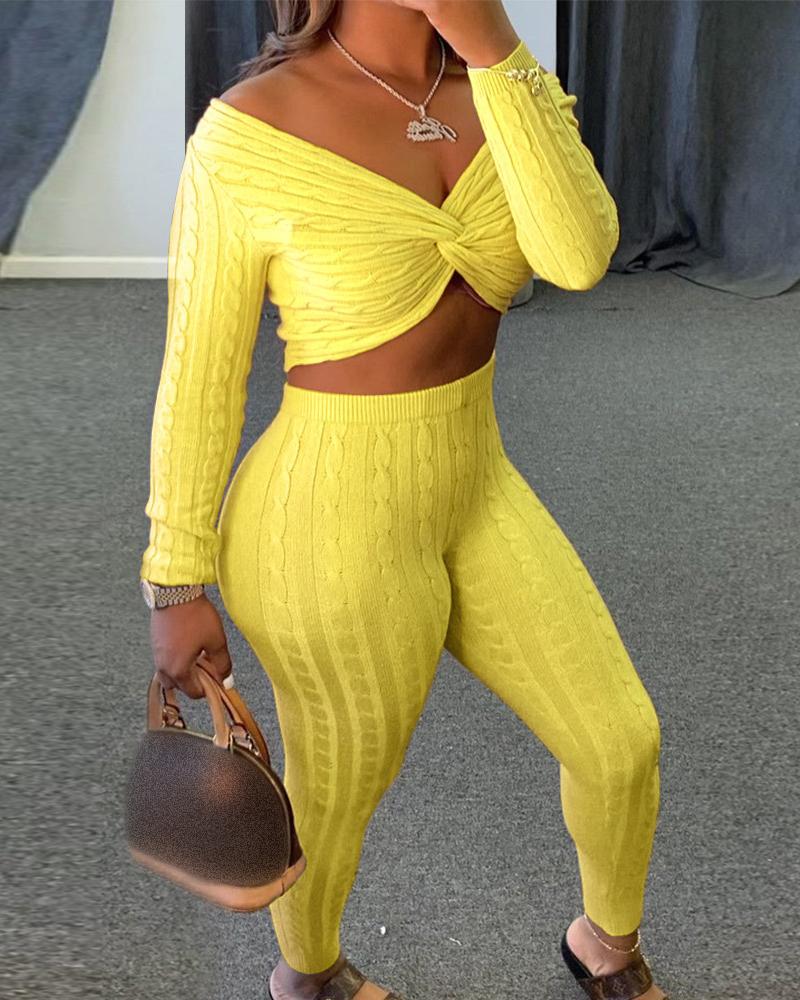 

Cable Knit Ribbed Twisted Crop Top & Pants Set, Yellow