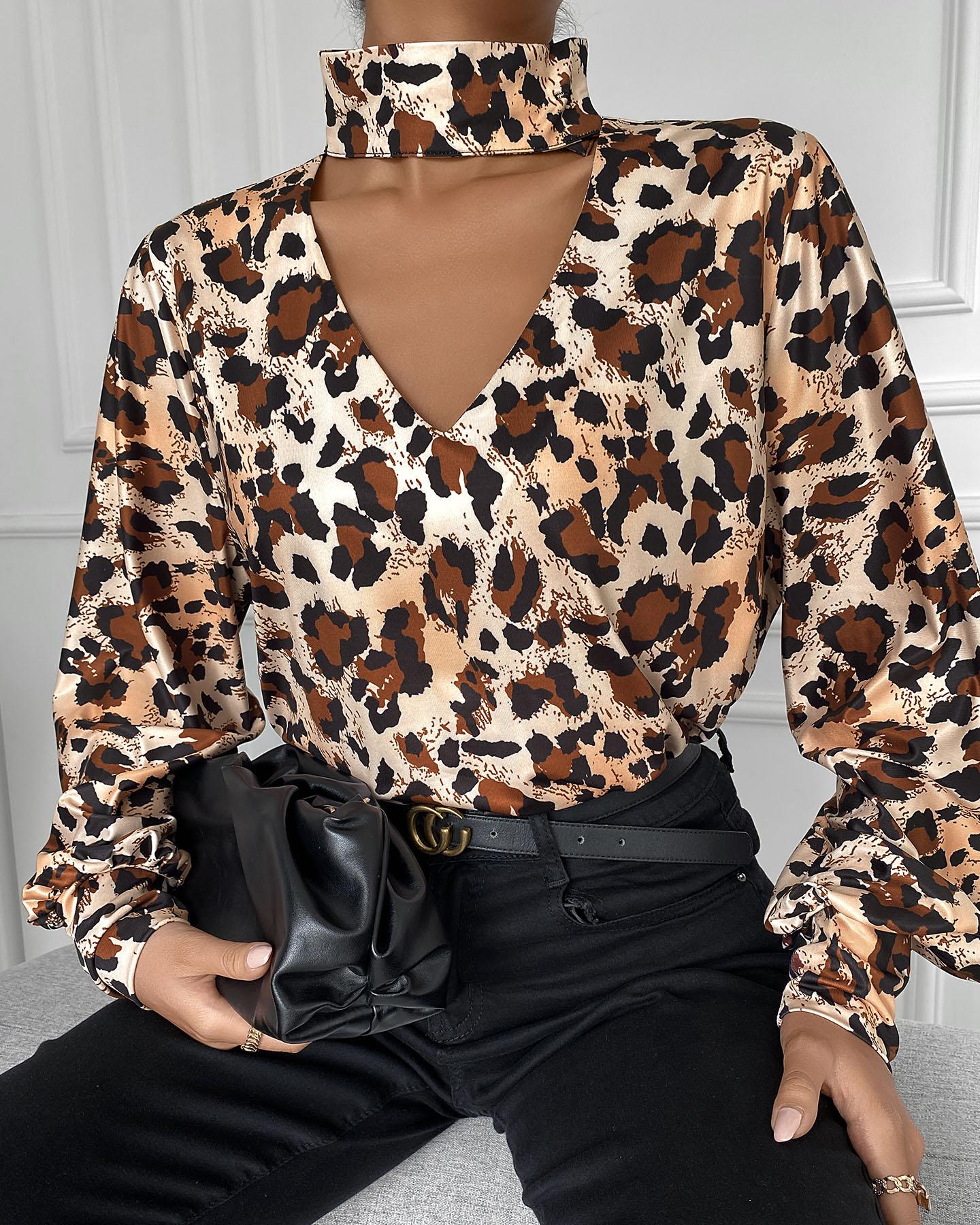 

Cutout Mock Neck Long Sleeve Leopard Print Blouse
