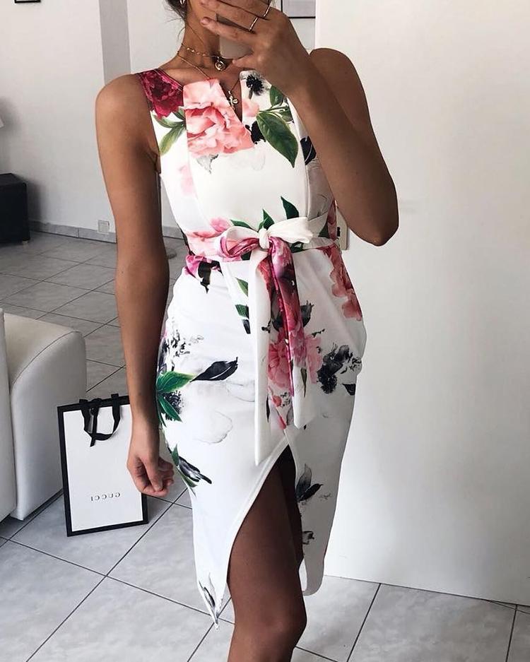 

Floral Print Tie Waist Wrap Split Dress, White
