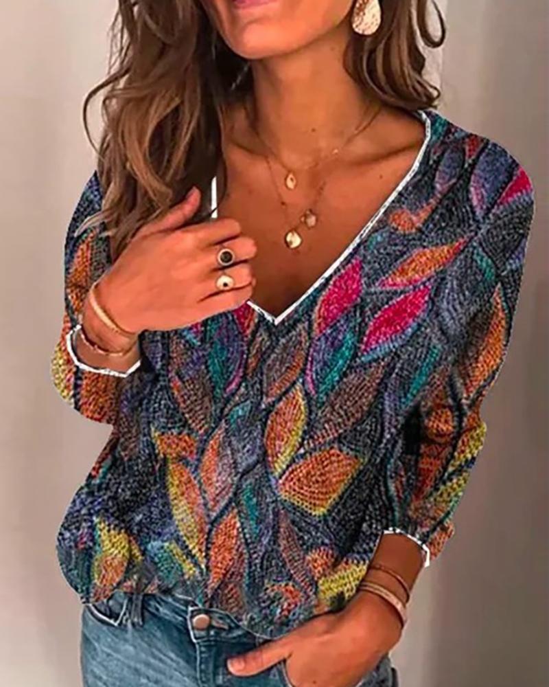 

Colorblock Leaf Print Long Sleeve V-Neck Top, Red