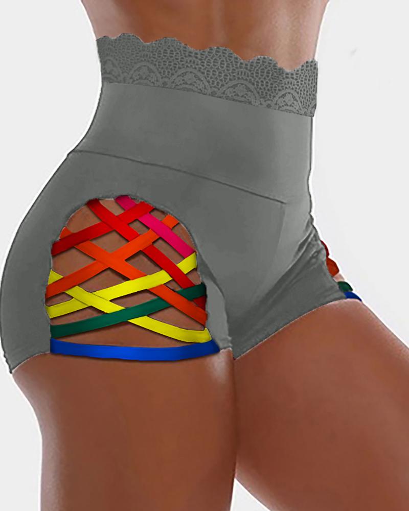 

Lace Trim Colorblock Bandage High Waist Shorts, Gray