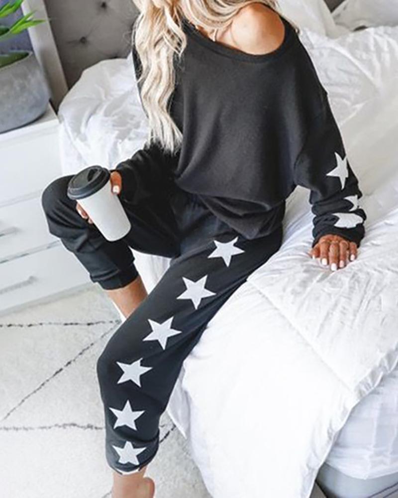 

Star Print Top & Pants Pajamas Sets, Black