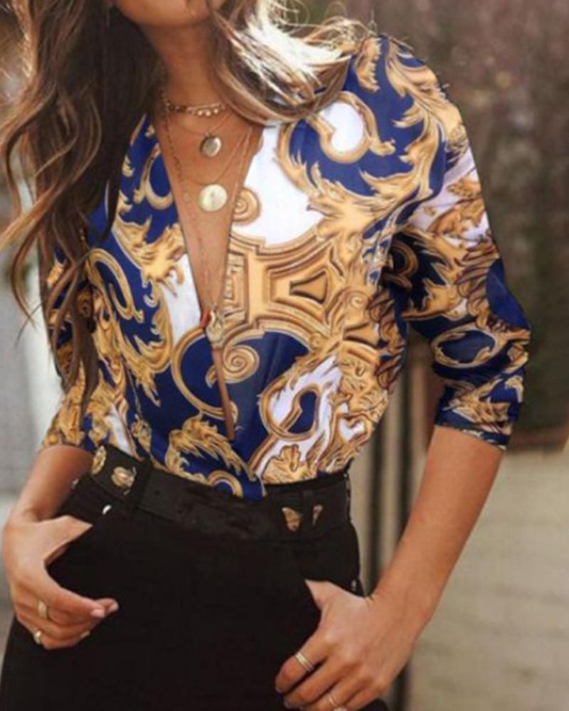 

All Over Print Long Sleeve Blouse, Multicolor
