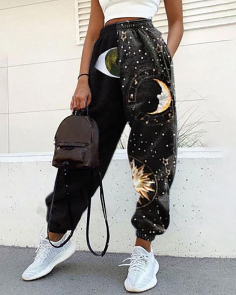 

Butterfly / Moon Star Print Colorblock Casual Pants, Style1