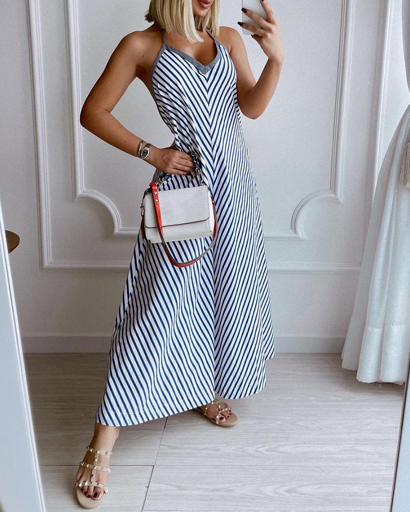 

Striped Colorblock Halter Sleeveless Maxi Dress, Blue