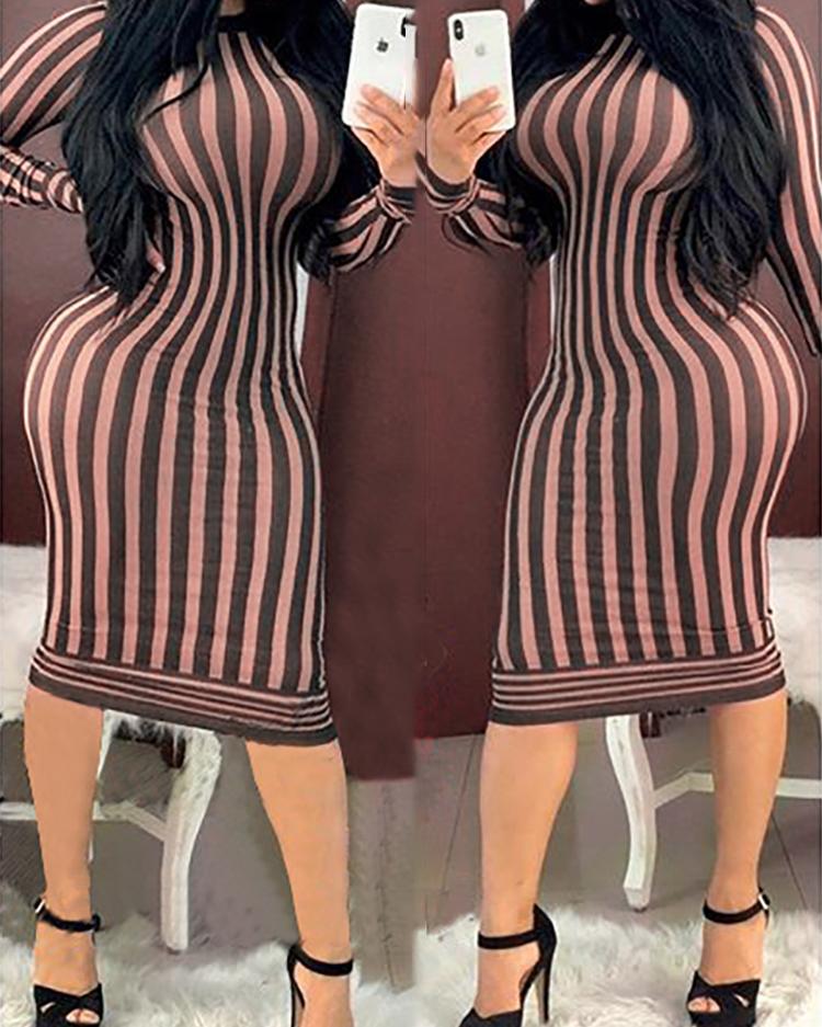 

Long Sleeve Striped Bodycon Dress, Coffee