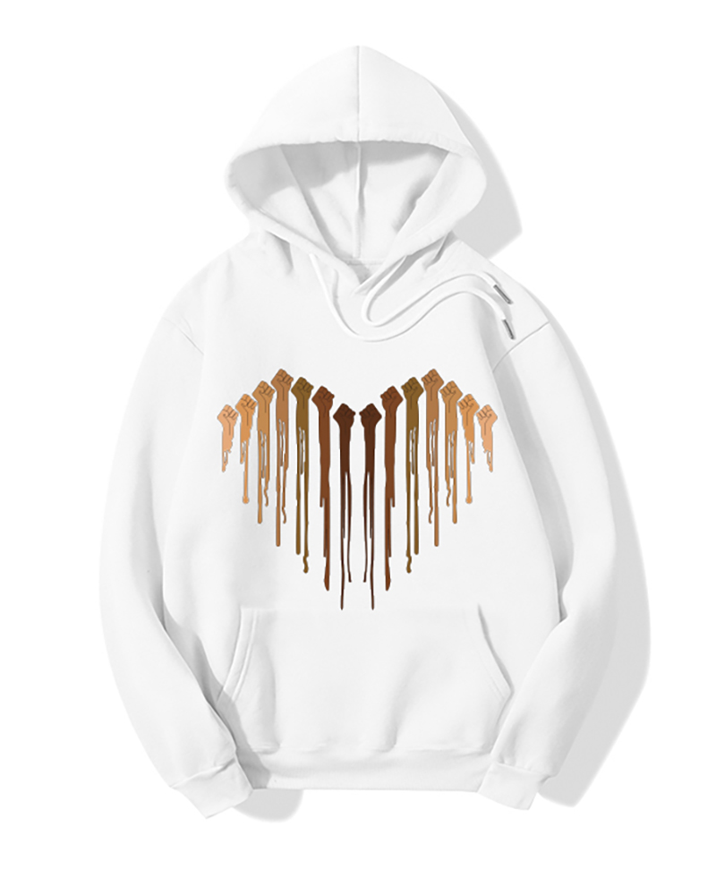 

Heart Print Pocket Desigh Hooded Sweatshirt, White