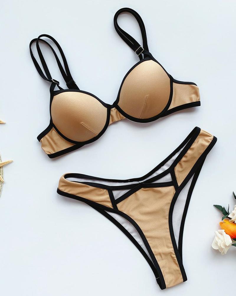 

Solid Color Border Strap Bra With Panties Sexy Sets, Apricot