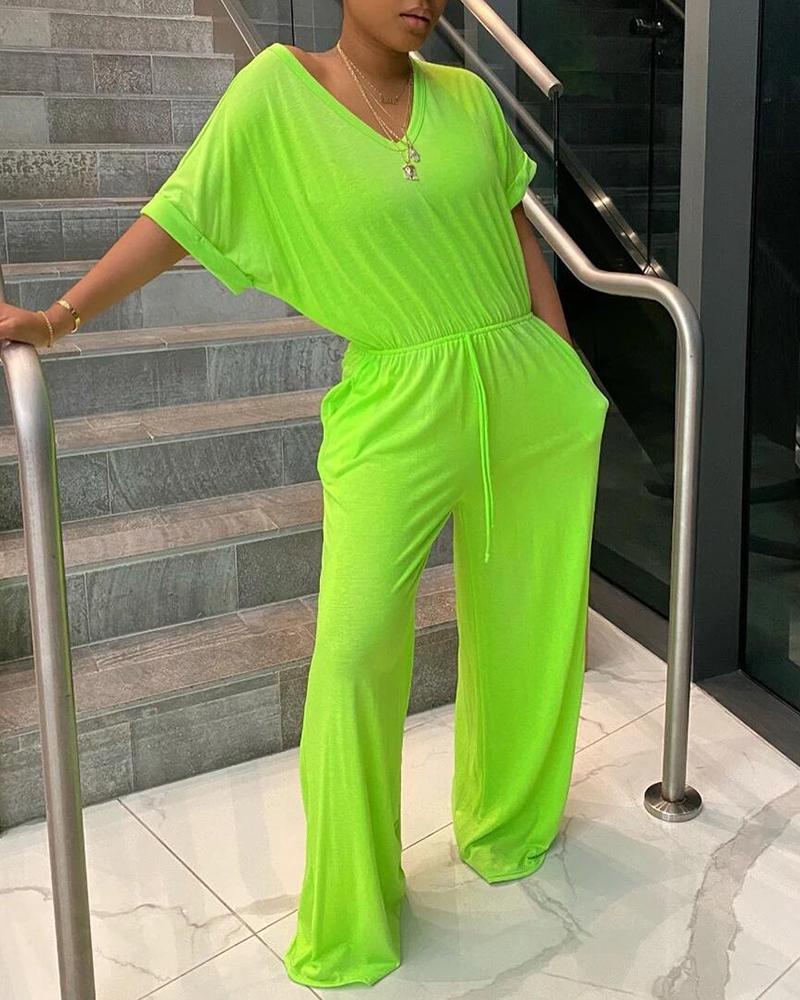 

Short Sleeve Casual Top & Drawstring Ruched Pants Set, Green