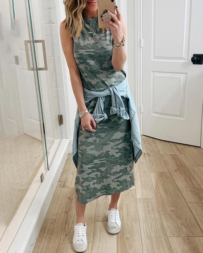 

Camouflage Print Sleeveless Casual Maxi Dress, Army green