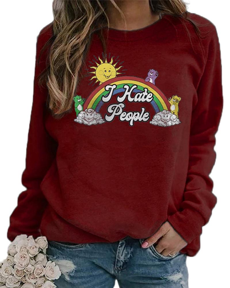 

Letter Rainbow Print Long Sleeve Sweatshirt, Wine red