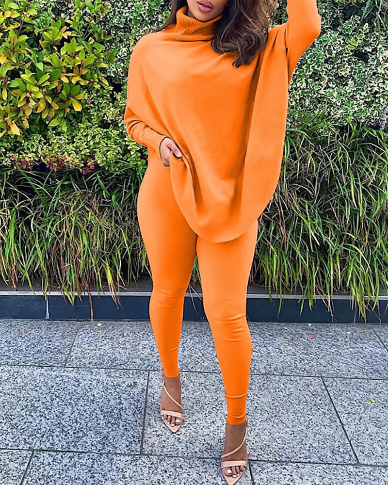 

Plain Batwing Sleeve Women Top & Skinny Pants Set, Orange