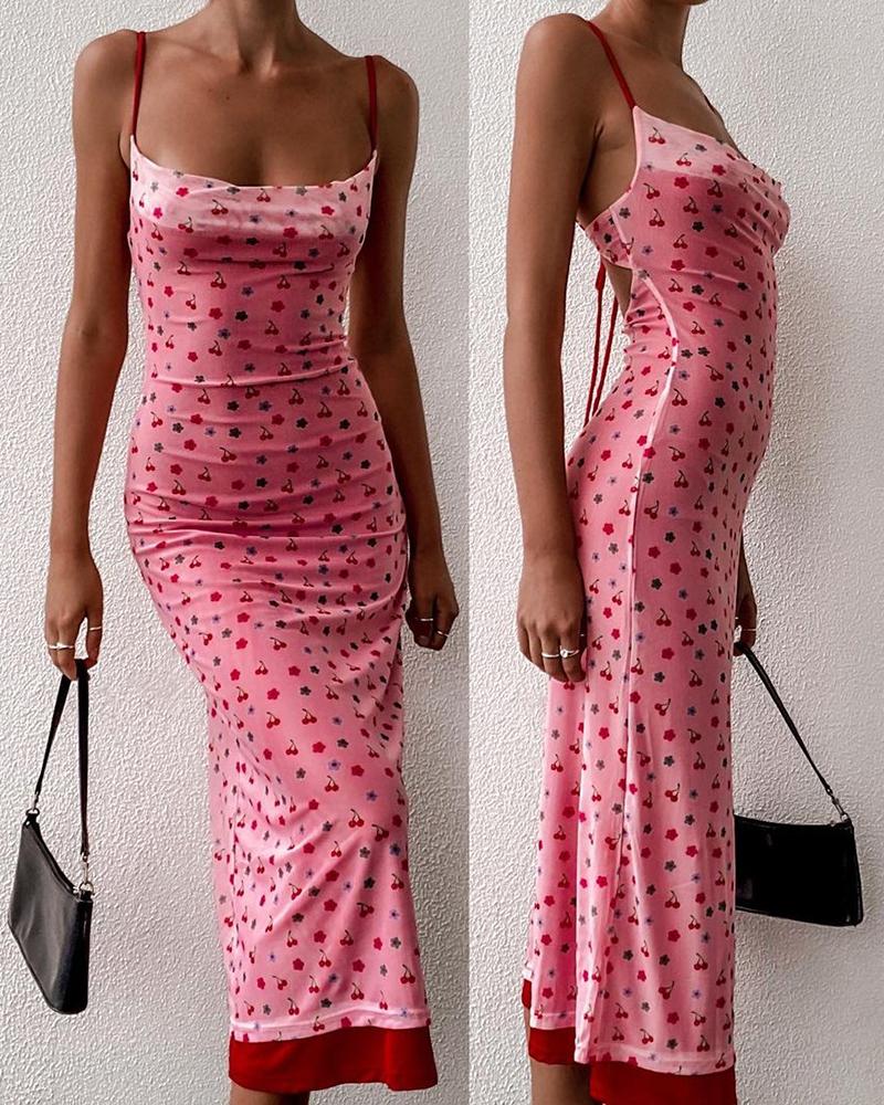 

Velvet Spaghetti Strap Cherry Print Maxi Dress, Pink