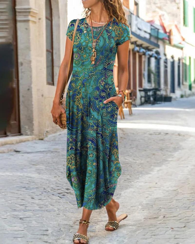 

All Over Print Short Sleeve Pocket Design Casual Dress, Green