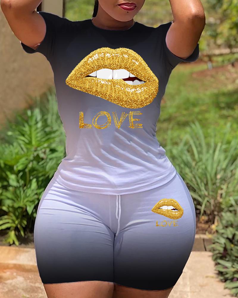 

Lip Letter Print Top & Drawtring Shorts Set, Black