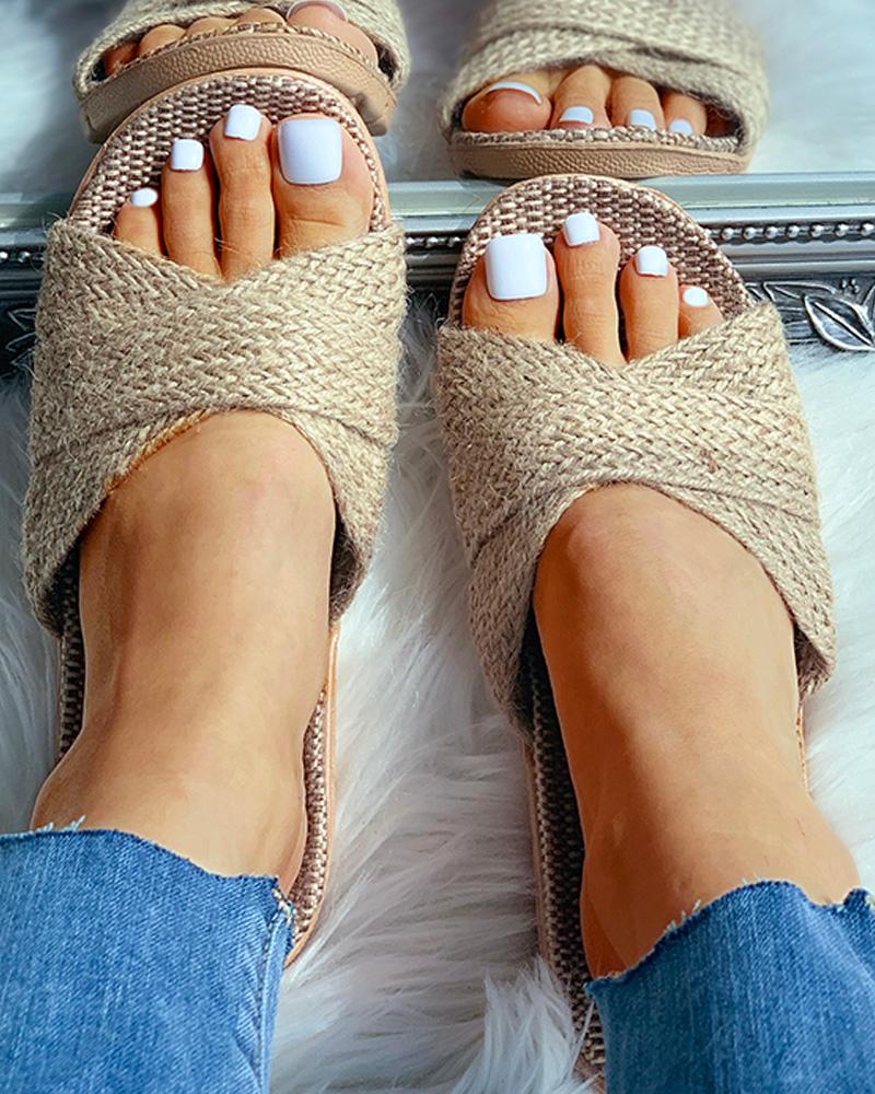 

Crisscross Woven Flax Flat Sandals, Apricot