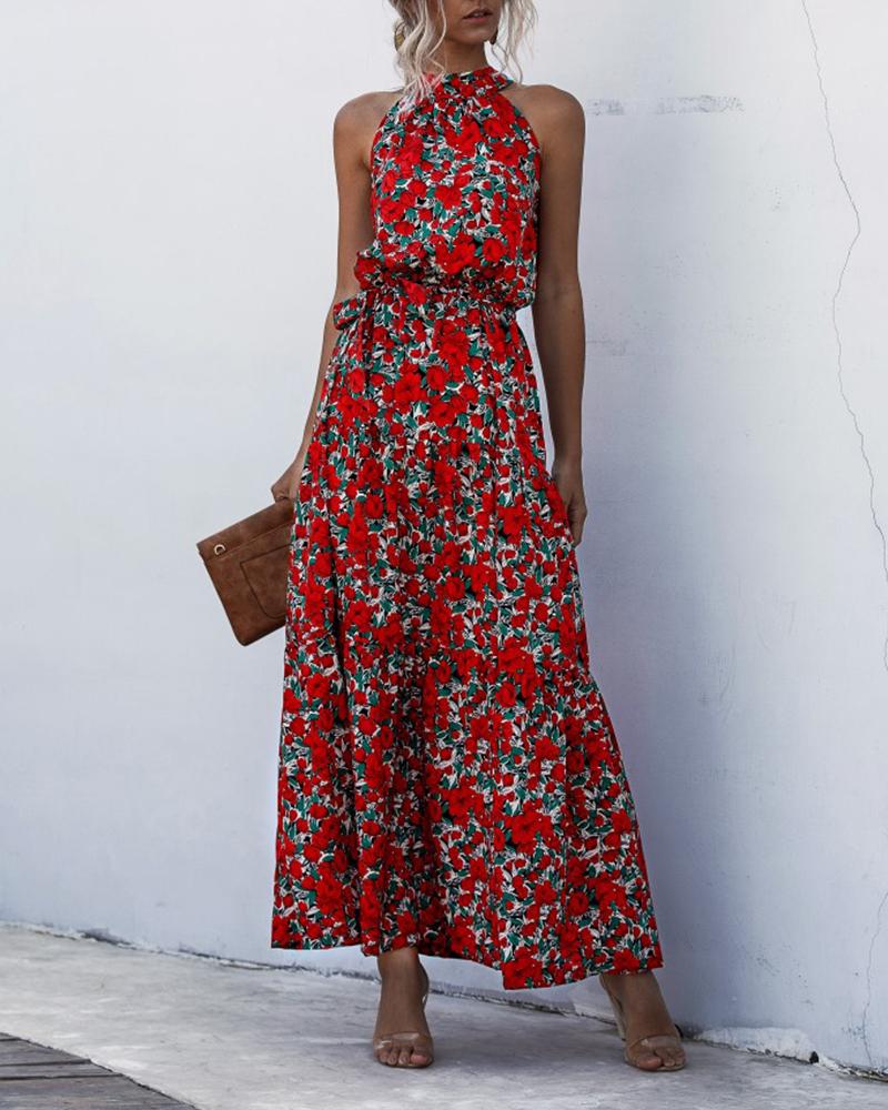 

Floral Print Halter Neck Maxi Dress, Red