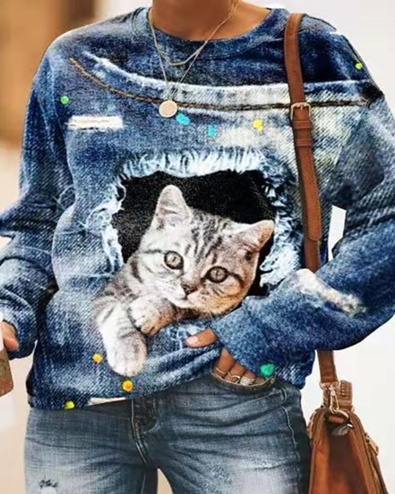 

Animal Print Long Sleeve Sweatshirt, Blue